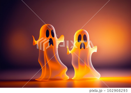 Halloween ghosts on orange bokeh background. Happy Halloween holiday concept. Generative AI illustration 102908293