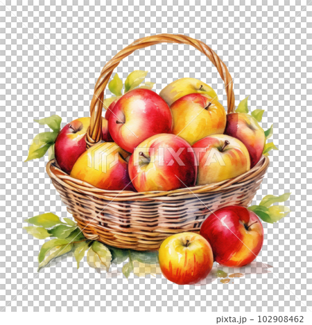 Watercolor apples in basket. Illustration AI Generative Watercolor apples in basket. Illustration AI Generative 102908462