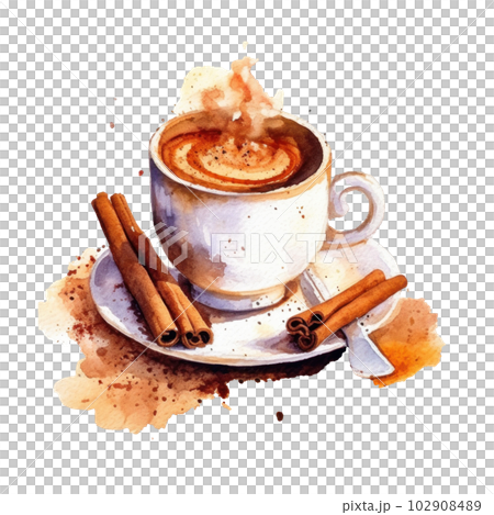 Watercolor coffee with cinnamon. Illustration AI Generative 102908489