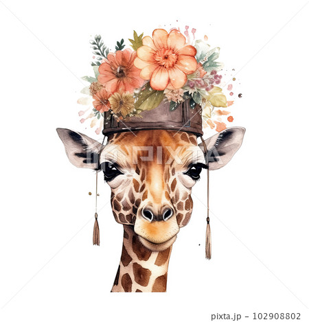 Cute giraffe in hat with flower. Watercolor.  Illustration AI Generative 102908802