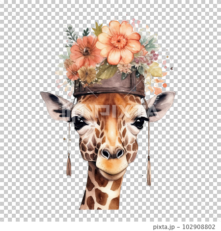 Cute giraffe in hat with flower. Watercolor.  Illustration AI Generative 102908802