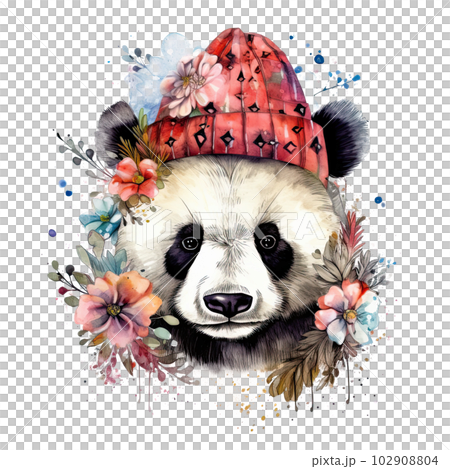 Watercolor panda in hat with flowers. Illustration AI Generative 102908804