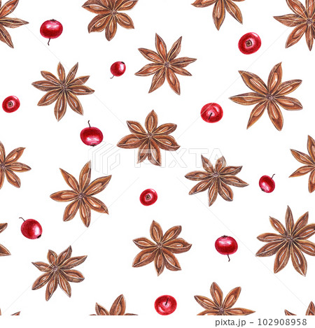 Watercolor seamless Christmas and New Year seamless pattern of star anises and cranberries isolated on white background. Illustration with with grains and boxes of spices and red berries. 102908958