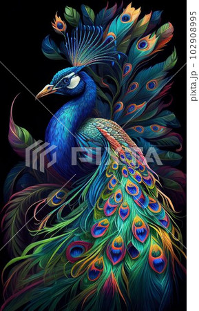 Close up peacock bird with beautiful tail for background Created with Generative AI technology. Close up peacock bird with beautiful tail for background Created with Generative AI technology. 102908995