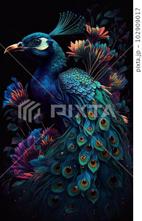 Close up peacock bird with beautiful tail for background Created with Generative AI technology. Close up peacock bird with beautiful tail for background Created with Generative AI technology. 102909017
