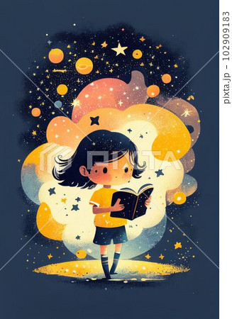 Cover book of kid standing on universe with cute little stars Created with Generative AI technology. 102909183