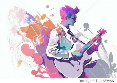Illustration of musician playing guitar and singing on stage Created with Generative AI technology. 102909455
