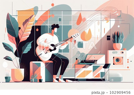 Illustration of musician playing guitar and singing on stage Created with Generative AI technology. 102909456