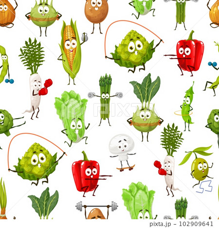 Cartoon vegetable characters on fitness. Seamless pattern with happy veggies going sports. Textile print with funny radish, salad and romanesco, turnip, corn and pepper farm vegetables personages 102909641