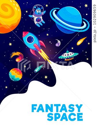 Cartoon space flyer with spaceship, alien and UFO in starry galaxy. Space travel vector poster or banner with rocket and UFO saucer in outer space, alien astronaut character, galaxy stars and planets 102909659