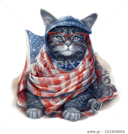 Watercolor 4th of July Patriotic Black Cat Illustration Clipart 102909668