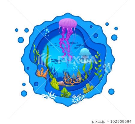 Sea underwater paper cut landscape with cartoon jellyfish and seaweed, fish and animals. Vector background of ocean water waves with coral reef plants and dolphins in 3d round frame of papercut layers Sea underwater paper cut landscape with cartoon jellyfish and seaweed, fish and animals. Vector background of ocean water waves with coral reef plants and dolphins in 3d round frame of papercut layers 102909694