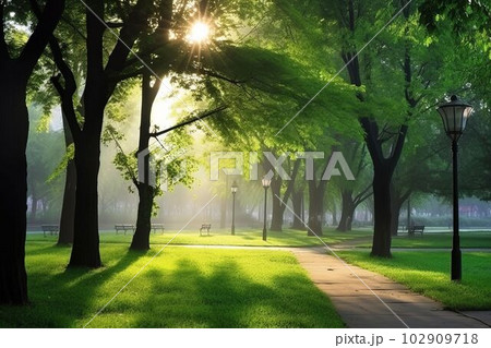 Beautiful public park with green grass field on morning light Created with Generative AI technology. Beautiful public park with green grass field on morning light Created with Generative AI technology. 102909718