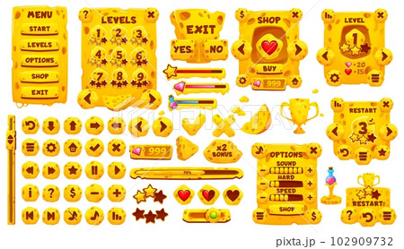 Game app interface, GUI asset and buttons. Maasdam and gauda cheese menu and sliders. Mobile or computer game interface buttons, arcade UI vector sliders and level lines, app GUI menu cheese bar, icon 102909732