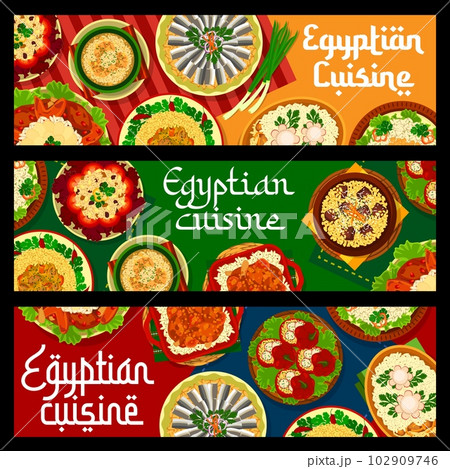 Egyptian cuisine restaurant food banners, dishes and meals of Egypt, vector. Egyptian food couscous and pilaf rice with lamb, shurba al-lmma soup with meatballs and megaddara with lentils or chicken 102909746