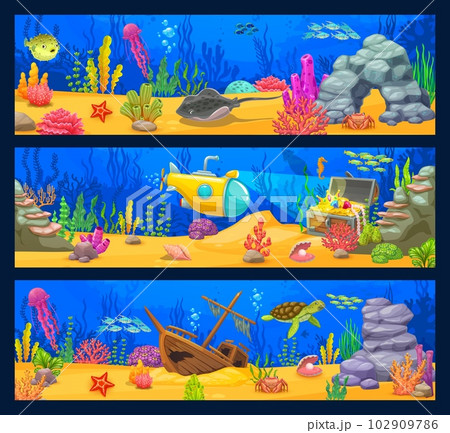 Underwater landscape, cartoon sea animals, seaweed, submarine and treasure chest. Vector banners with ocean bottom, sunken ship, turtle, fish shoal, tropical corals and seaweed plants horizontal cards Underwater landscape, cartoon sea animals, seaweed, submarine and treasure chest. Vector banners with ocean bottom, sunken ship, turtle, fish shoal, tropical corals and seaweed plants horizontal cards 102909786