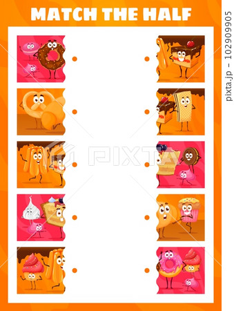 Match the half of cartoon bakery, sweets and dessert characters. Vector game worksheet with funny confectionery personages donut, cake, pretzel and pie. Cupcake, meringue or baba with croissant Match the half of cartoon bakery, sweets and dessert characters. Vector game worksheet with funny confectionery personages donut, cake, pretzel and pie. Cupcake, meringue or baba with croissant 102909905