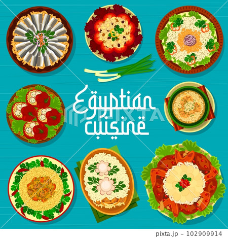 Egyptian cuisine restaurant menu cover, Egypt food dishes and meals, vector poster. Egyptian cuisine traditional lunch and dinner soup, pilaf rice and couscous with lamb or chicken, lentils and tomato 102909914