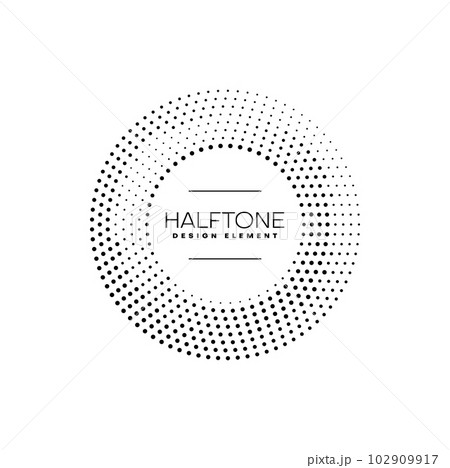 Halftone circle pattern frame border with vector texture of abstract black dots. Modern banner, label or cover with isolated half tone dotted geometric shape. Round frame of random points and spheres Halftone circle pattern frame border with vector texture of abstract black dots. Modern banner, label or cover with isolated half tone dotted geometric shape. Round frame of random points and spheres 102909917