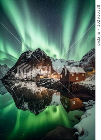 Beautiful village with aurora and star trail over night sky Created with Generative AI technology. Beautiful village with aurora and star trail over night sky Created with Generative AI technology. 102910188
