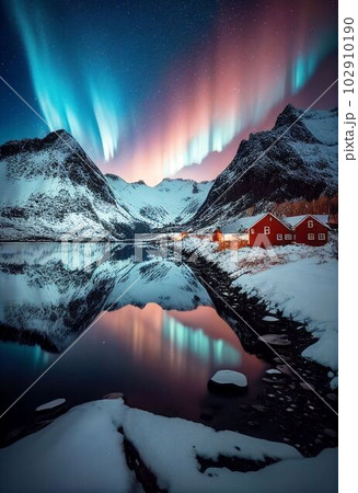Beautiful village with aurora and star trail over night sky Created with Generative AI technology. 102910190
