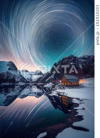 Beautiful village with aurora and star trail over night sky Created with Generative AI technology. Beautiful village with aurora and star trail over night sky Created with Generative AI technology. 102910203