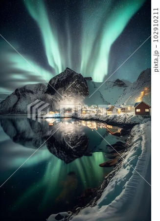 Beautiful village with aurora and star trail over night sky Created with Generative AI technology. Beautiful village with aurora and star trail over night sky Created with Generative AI technology. 102910211
