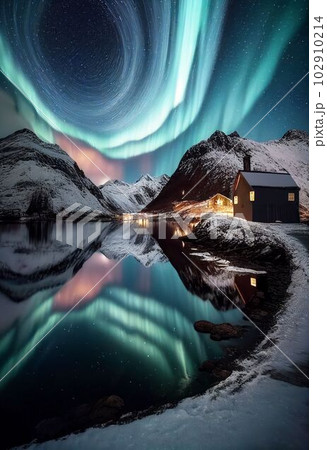 Beautiful village with aurora and star trail over night sky Created with Generative AI technology. 102910214