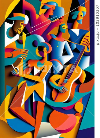 Illustration of abstract musician play music on big concert Created with Generative AI technology. 102910307
