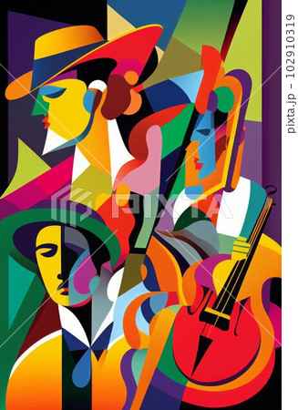 Illustration of abstract musician play music on big concert Created with Generative AI technology. 102910319