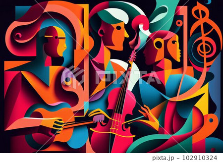 Illustration of abstract musician play music on big concert Created with Generative AI technology. 102910324