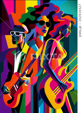 Illustration of abstract musician play music on big concert Created with Generative AI technology. Illustration of abstract musician play music on big concert Created with Generative AI technology. 102910327