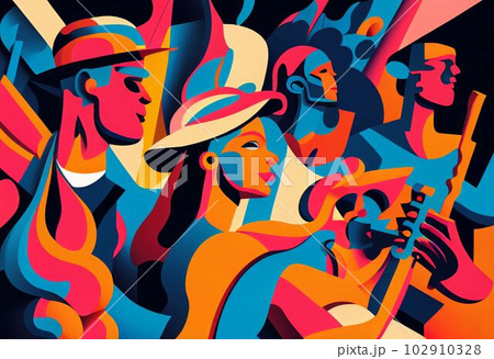 Illustration of abstract musician play music on big concert Created with Generative AI technology. 102910328
