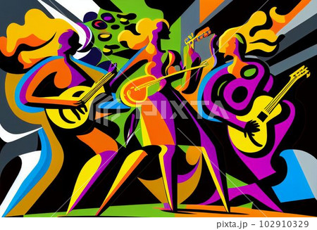 Illustration of abstract musician play music on big concert Created with Generative AI technology. Illustration of abstract musician play music on big concert Created with Generative AI technology. 102910329