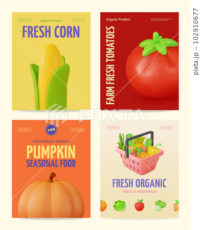 3d Fresh Organic Seasonal Food Placard Poster Banner Card Set Cartoon Style. Vector illustration of Vegetables and Fruits 102910677