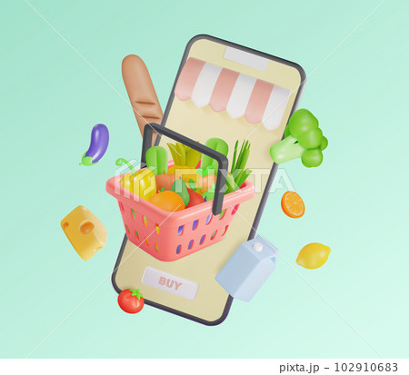 3d Fresh Vegetables and Fruits Online Shopping Concept Cartoon Style Include of Mobile Phone and Full Shopping Basket. Vector illustration 102910683
