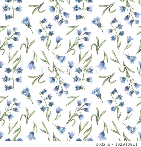 Watercolor Seamless Bluebell Flower Pattern. Hand drawn floral background with Blue Bellflowers for textile design or wrapping paper. Delicate botanical Wallpaper in pastel blue and green colors. 102910811