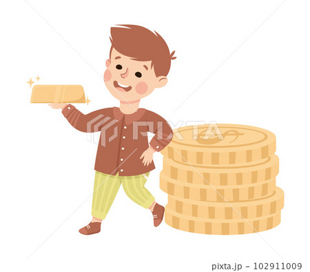 Happy Rich Boy Millionaire with Golden Bar and Coin Stack Vector Illustration 102911009