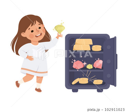 Happy Rich Girl Millionaire Putting Gemstone in Safe Vector Illustration 102911023