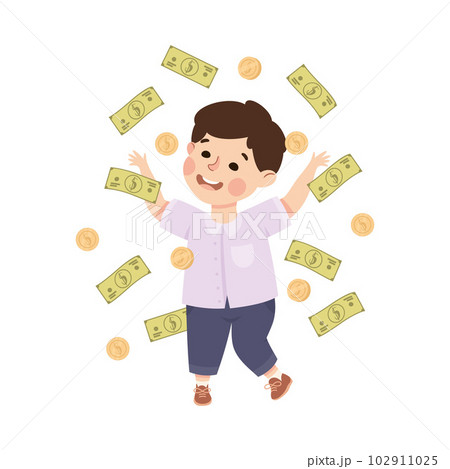 Happy Rich Boy Millionaire Throwing Dollar Banknote and Coins Vector Illustration 102911025