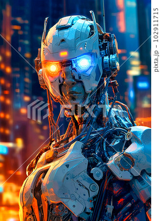A robot with bright eyes near a city, Generative AI A robot with bright eyes near a city, Generative AI 102911715
