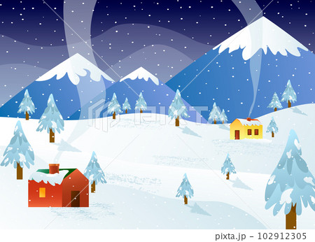 Winter landscape. Village houses against the backdrop of mountains, snow, trees. Snow day. Smoke from the chimney. Flat vector illustration. Winter landscape. Village houses against the backdrop of mountains, snow, trees. Snow day. Smoke from the chimney. Flat vector illustration. 102912305