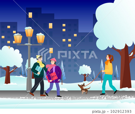 People walk through the city park. Winter landscape with lanterns, a bench and skyscrapers. Christmas illustration.  102912393