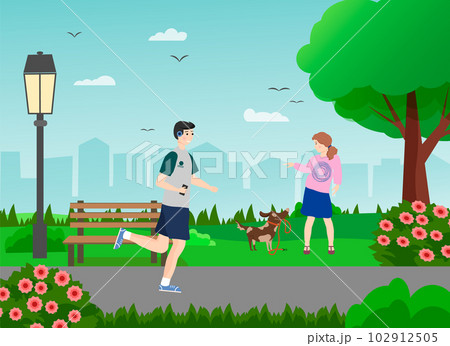 City Park. The girl is playing with a puppy. The man is jogging. Vector illustration.  102912505