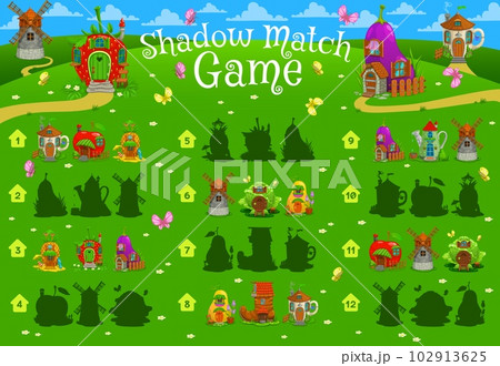 Shadow match game fairytale magic houses and dwellings. Kids vector quiz or puzzle task worksheet with cartoon teacup, apple, pineapple and strawberry. Eggplant, windmill, cabbage or pear with boot Shadow match game fairytale magic houses and dwellings. Kids vector quiz or puzzle task worksheet with cartoon teacup, apple, pineapple and strawberry. Eggplant, windmill, cabbage or pear with boot 102913625