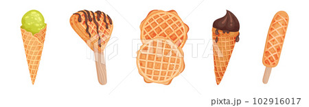 Waffle as Sweet Dish from Leavened Batter or Dough Vector Set 102916017