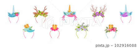 Hair Band and Headband with Decorative Flower, Horn and Antlers Vector Set 102916088