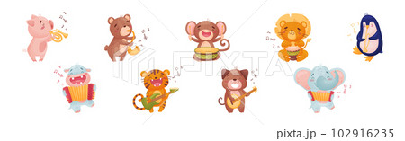 Cute Animal Character Playing Musical Instruments Performing Concert Vector Set 102916235