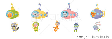 Cute Animal Swimming Under Water on Submarine and with Snorkeling Tube Vector Set Cute Animal Swimming Under Water on Submarine and with Snorkeling Tube Vector Set 102916319