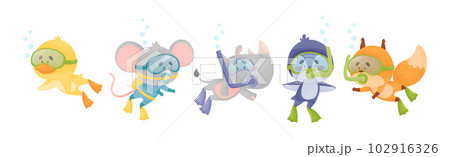 Cute Animal Swimming Underwater with Snorkeling Tube and Goggles Vector Set 102916326
